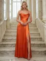 A-line Trendy Spaghetti Straps Floor-Length Silk like Satin Bridesmaid Dress With Slit
