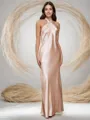 Sultry Sheath Halter Floor-Length Silk Like Satin Bridesmaid Dress With Pleated