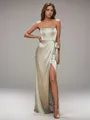 Sheath Slinky Strapless Floor-Length Silk Like Satin Corset Bridesmaid Dress With Slit