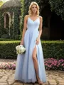 A-line Princess V-neck Floor-Length Tulle Bridesmaid Dress With Pleated