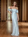 Fitted Sheath Off-the-Shoulder Short Sleeves Floor-Length Silk Like Satin Bridesmaid Dress With Pleated