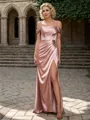 Sheath Modern Cold Shoulder Sweep Train Silk like Satin Corset Bridesmaid Dress With Slit