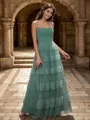 A-line Princess Spaghetti Straps Floor-Length Tulle Bridesmaid Dress With Pleated