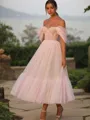 A-line Elegant Off-the-Shoulder Sleeveless Tulle Tea-Length Corset Homecoming Dress