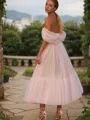 A-line Elegant Off-the-Shoulder Sleeveless Tulle Tea-Length Corset Homecoming Dress