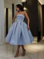 Elegant Ball-Gown Strapless Sleeveless Satin Tea-Length Homecoming Dress With Beading