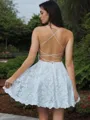 A-line Spaghetti Straps Sleeveless Open Back Lace Sophisticated Short/Mini Homecoming Dress With Beading