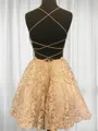 A-line Spaghetti Straps Sleeveless Open Back Lace Sophisticated Short/Mini Homecoming Dress With Beading