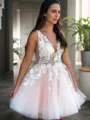 A-line Feminine V-Neck Sleeveless Tulle Short/Mini Homecoming Dress