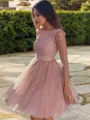 A-line Scoop 3/4 Sleeves Open Back Tulle Short/Mini Homecoming Dress With Lace