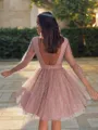 A-line Scoop 3/4 Sleeves Open Back Tulle Short/Mini Homecoming Dress With Lace