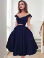 A-line Off-the-Shoulder Dreamy Sleeveless Satin Knee-Length Homecoming Dress With Applique