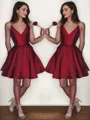 A-line V-Neck Sleeveless Chic Satin Short/Mini Homecoming Dress With Lace
