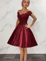 A-line Off-the-Shoulder Sleeveless Refined Satin Knee-Length Homecoming Dress With Ruffles