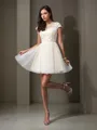 A-line Scoop Short Sleeves Satin Short/Mini Homecoming Dress With Beading