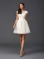 A-line Scoop Short Sleeves Satin Short/Mini Homecoming Dress With Beading
