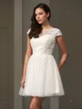 A-line Scoop Short Sleeves Satin Short/Mini Homecoming Dress With Beading