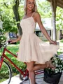 A-line Charming Spaghetti Straps Sleeveless Chiffon Short/Mini Homecoming Dress With Lace