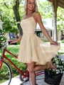 A-line Charming Spaghetti Straps Sleeveless Chiffon Short/Mini Homecoming Dress With Lace
