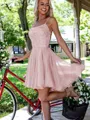 A-line Charming Spaghetti Straps Sleeveless Chiffon Short/Mini Homecoming Dress With Lace