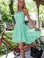 A-line Charming Spaghetti Straps Sleeveless Chiffon Short/Mini Homecoming Dress With Lace