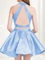 A-line Delicate Halter Sleeveless Satin Short/Mini Homecoming Dress With Applique