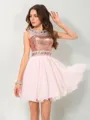 A-line Stylish Sheer Neck Sleeveless Chiffon Short/Mini Homecoming Dress With Applique