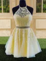 Subtle A-line Halter Sleeveless Tulle Short/Mini Homecoming Dress With Beading