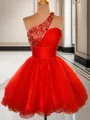 A-line Charming One-Shoulder Sleeveless Tulle Short/Mini Homecoming Dress With Applique