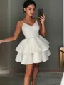 A-line Spaghetti Straps Sleeveless Satin Perfect Short/Mini Homecoming Dress With Applique