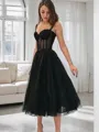 A-line Straps Sleeveless Flowing Lace Tea-Length Corset Homecoming Dress
