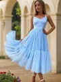 A-line Balanced V-Neck Sleeveless Tulle Tea-Length Homecoming Dress With Beading