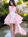 A-line V-Neck Refined Sleeveless Tulle Short/Mini Homecoming Dress With Beading