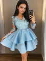A-line V-Neck Long Sleeves Satin Fashion Short/Mini Homecoming Dress