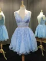 A-line V-Neck Sleeveless Tulle Exquisite Short/Mini Homecoming Dress With Ruffles