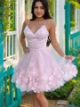 A-line Flattering V-Neck Sleeveless Tulle Short/Mini Homecoming Dress With Applique