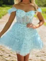 Mesmerizing A-line Off-the-Shoulder Tulle Corset Short/Mini Homecoming Dress With Feather