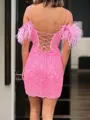 Striking Sheath/Column Spaghetti Straps Lace Corset Short/Mini Homecoming Dress With Feather