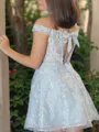 A-line Off-the-Shoulder Opulent Lace Short/Mini Homecoming Dress With Applique