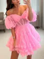 A-line Magnificent Off-the-Shoulder Short Sleeves Tulle Corset Short/Mini Homecoming Dress With Ruffles