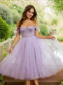 A-line Off-the-Shoulder Flowing Sleeveless Tea-Length Tulle Homecoming Dresses