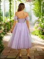 A-line Off-the-Shoulder Flowing Sleeveless Tea-Length Tulle Homecoming Dresses