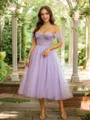 A-line Off-the-Shoulder Flowing Sleeveless Tea-Length Tulle Homecoming Dresses