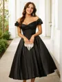 A-line Off-the-Shoulder Subtle Sleeveless Tea-Length Satin Homecoming Dresses