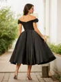 A-line Off-the-Shoulder Subtle Sleeveless Tea-Length Satin Homecoming Dresses