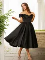 A-line Off-the-Shoulder Subtle Sleeveless Tea-Length Satin Homecoming Dresses