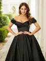 A-line Off-the-Shoulder Subtle Sleeveless Tea-Length Satin Homecoming Dresses