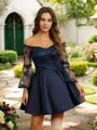 A-line Off-the-Shoulder Classy Long Sleeves Short/Mini Satin Homecoming Dresses