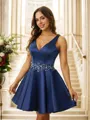 A-line V-Neck Flattering Sleeveless Short/Mini Satin Homecoming Dresses