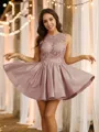 A-line Scoop Dazzling Sleeveless Short/Mini Charmeuse Homecoming Dresses